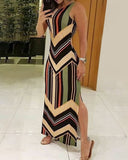 ElveswalleT Colorful Striped Print Side Slit Maxi Dress Women Colorblock Sleeveless Slim Long Dresses