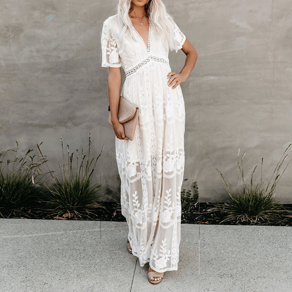 ElveswalleT Summer Boho Women Maxi Dress Loose Embroidery White Lace long Tunic Beach Dress Vacation Holiday Women Clothing