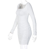 ElveswalleT Hot Sale White Long Sleeve Dress For Women Black Vestido de Mujer Robe Femme Autumn Spring Ruched Elegantes Bodycon Dresses