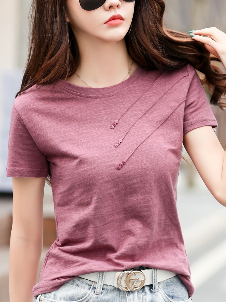 ElveswalleT Short Sleeve Summer Women Ribbed Cotton Tee-Shirts Female Button Loose Casual Fashion T-shirts Blue O-Neck Korea Tops S-3XL
