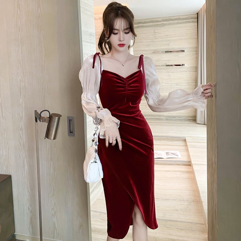 ElveswalleT New Red Gold Velvet Dress Foreign Style Autumn and Winter  Temperament Bubble Sleeves Hepburn Wind Little Red Dress New Years Eve Outfits Women
