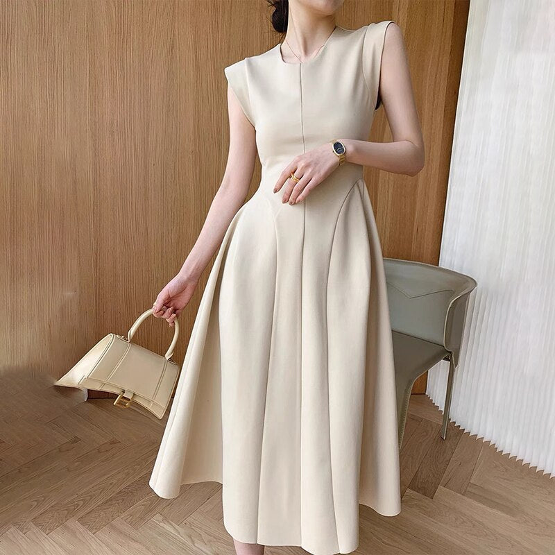 Sleeveless Summer Party Dress Women O-Neck High Waist Long Midi Dress Elegant A-Line Cotton Office Lady Hepburn Korean