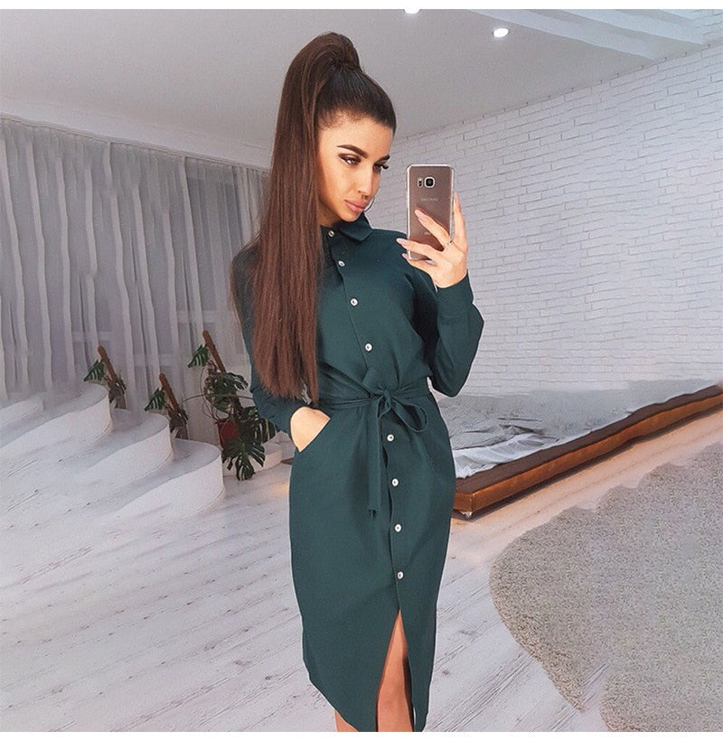 Lady Office Dress Autumn Long Sleeve Shirt Dress Fashion Turn-down Collar Single-breasted Party Dresses Платье Casual Vestido