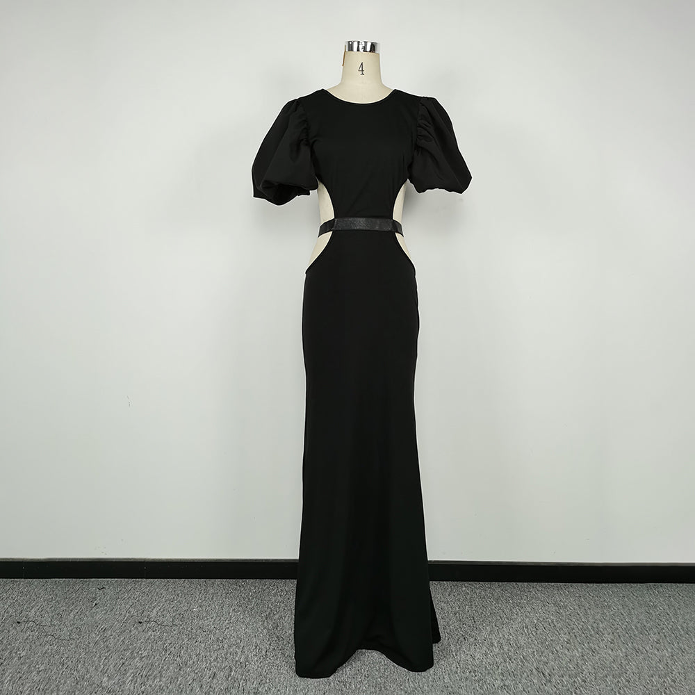 Summer Women's Dress Fashion Cut Out Backless Evening Sexy Night Club Party Black Puff Sleeve Celebrity Long Formal Dress