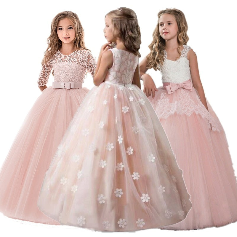 ElveswalleT Vintage Flower Girls Dress for Wedding Evening Children Princess Party Pageant Long Gown Kids Dresses for Girls Formal Clothes