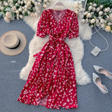 ElveswalleT beach Red elegant sexy Dress women Summer Autumn V-neck polka dot midi dress waist split dress vestidos de fiesta clothes