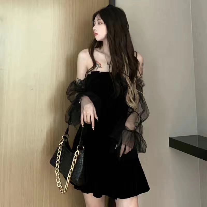 Women dress demon girl original black spring and autumn sexy high waist femme dress shoulder long sleeve gothic dress A085