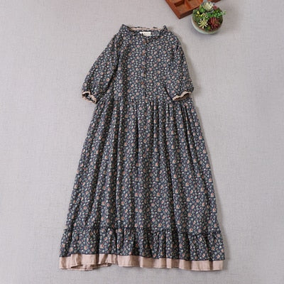 Japanese Mori girl art print dress autumn new floral  dress loose long-sleeved  dress
