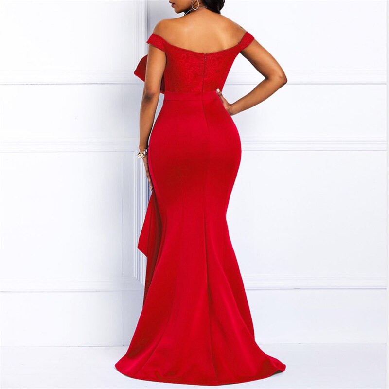 ElveswalleT High Quality Summer New Red Elegant Women Party Dresses Sexy Low Cut Mermaid Beaded Lace Embroidery Wedding Evening Floor-Length Dress