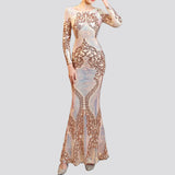 ElveswalleT   Hot Sale O-neck Long-Sleeve Shinning Sequins Evening Dresses Sexy Backless Mermaid Party Gowns Maxi Elegant Multi Female Robes vestidos