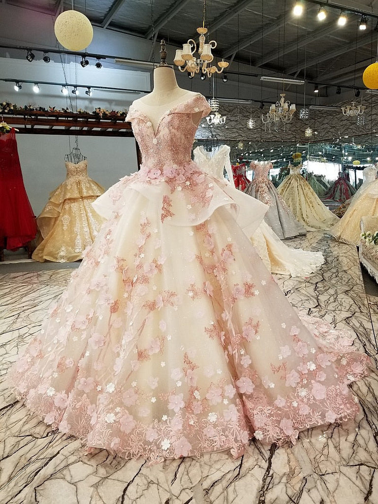 ElveswalleT Pink Princess Quinceanera Dress Appliques Beads 3D Flowers Prom Party Sweet 16 Ball Gown Vestidos De 15 Aos