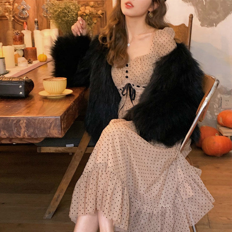 ElveswalleT French Vintage Midi Dress Women Puffer Sleeve Square Collor Office Elegant Dress Female Spring Dot One Piece Dress Korean