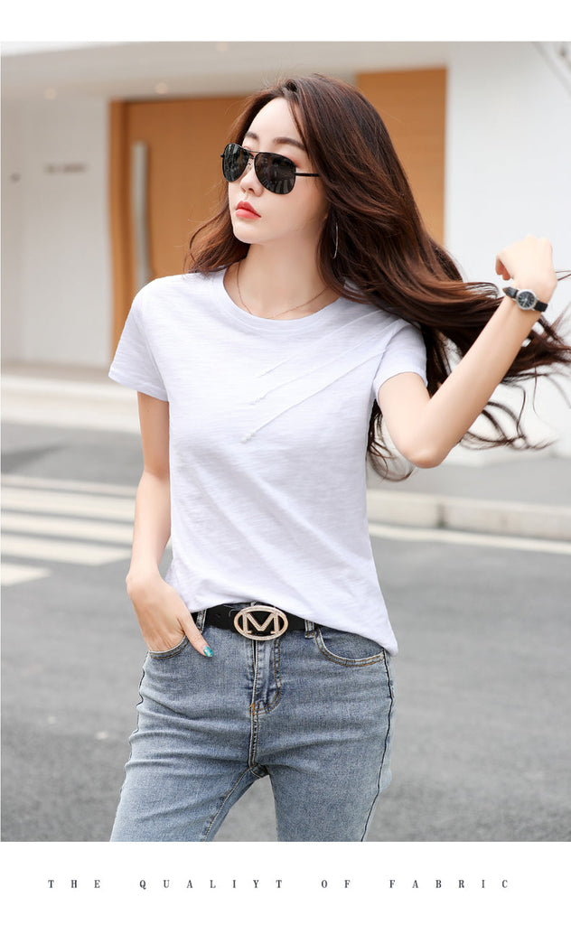 ElveswalleT Short Sleeve Summer Women Ribbed Cotton Tee-Shirts Female Button Loose Casual Fashion T-shirts Blue O-Neck Korea Tops S-3XL