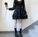 ElveswalleT Japanese Lolita Style Women Princess Black Mini Dress Slash Neck High Waist Gothic Dress Puff Sleeve Lace Ruffles Party Dresses