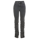ElveswalleT Grey Split Denim Stacked Pants Zip Up Baddie Style Streetwear Pencil Jeans For Women High Waist Bodycon Ruched Trousers