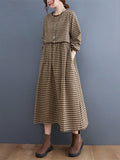 New Fashion Plaid Patchwork Lace Long Sleeve Autumn Dress Cotton Linen Office Lady Work Dress Women Casual Spring Dress
