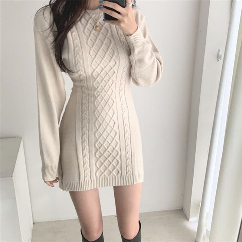Fashion Hollow Out Waist Sweater Dress Women Autumn Winter High Elastic Twist Knitted Dress Casual Bodycon Mini Dress 3 Colors