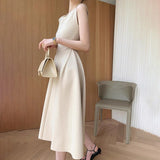 Sleeveless Summer Party Dress Women O-Neck High Waist Long Midi Dress Elegant A-Line Cotton Office Lady Hepburn Korean