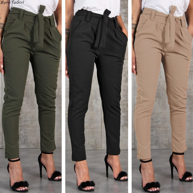 Casual Slim Chiffon Thin Pants For Women High Waist Black Khaki Green Pants Woman Trousers