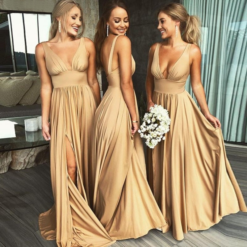 FTAPAESE Sexy Bridesmaid Dresses Satin Simple V Neck High Slit Wedding Party Backless Evening Robe For Cccasion Long Prom Gown