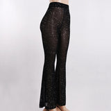 ElveswalleT Hot Sparkly Rhinestone Black Mesh Sexy Flare Pants Streetwear Rave Bottoms See Through Beach Bell Bottom Pants C66-BE16