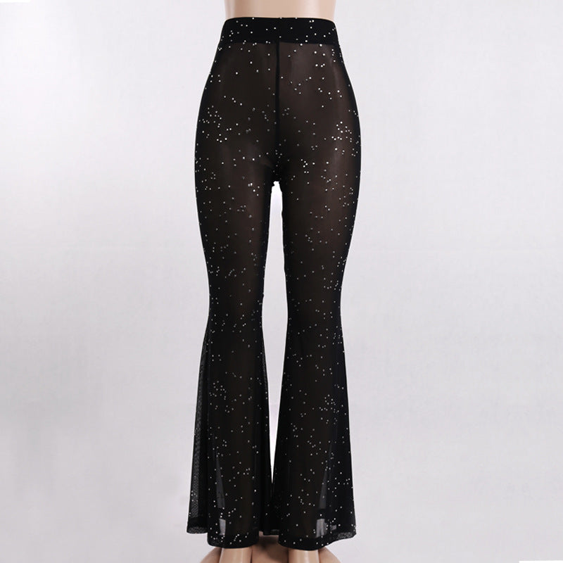 ElveswalleT Hot Sparkly Rhinestone Black Mesh Sexy Flare Pants Streetwear Rave Bottoms See Through Beach Bell Bottom Pants C66-BE16