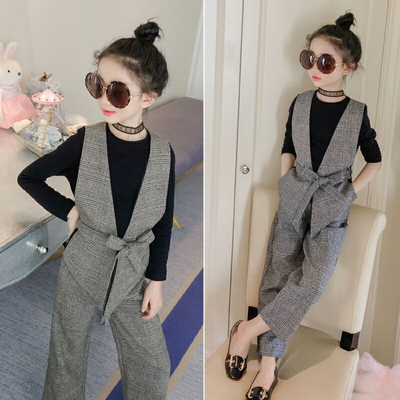 ElveswalleT Teenage Girls Clothing Set 12 13 14 Years   Spring Plaid Vest T-shirts Pants 3pcs Suit for Girls Clothes Fashion Kids Costume