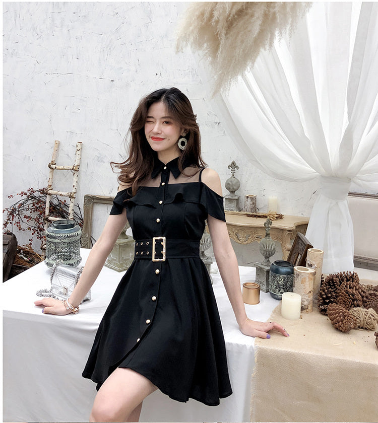 ElveswalleT Korean OL New Single Breasted Women Summer Dress Sweet Chic Black office work Short mini Dresses With Belt Vestidos jurken