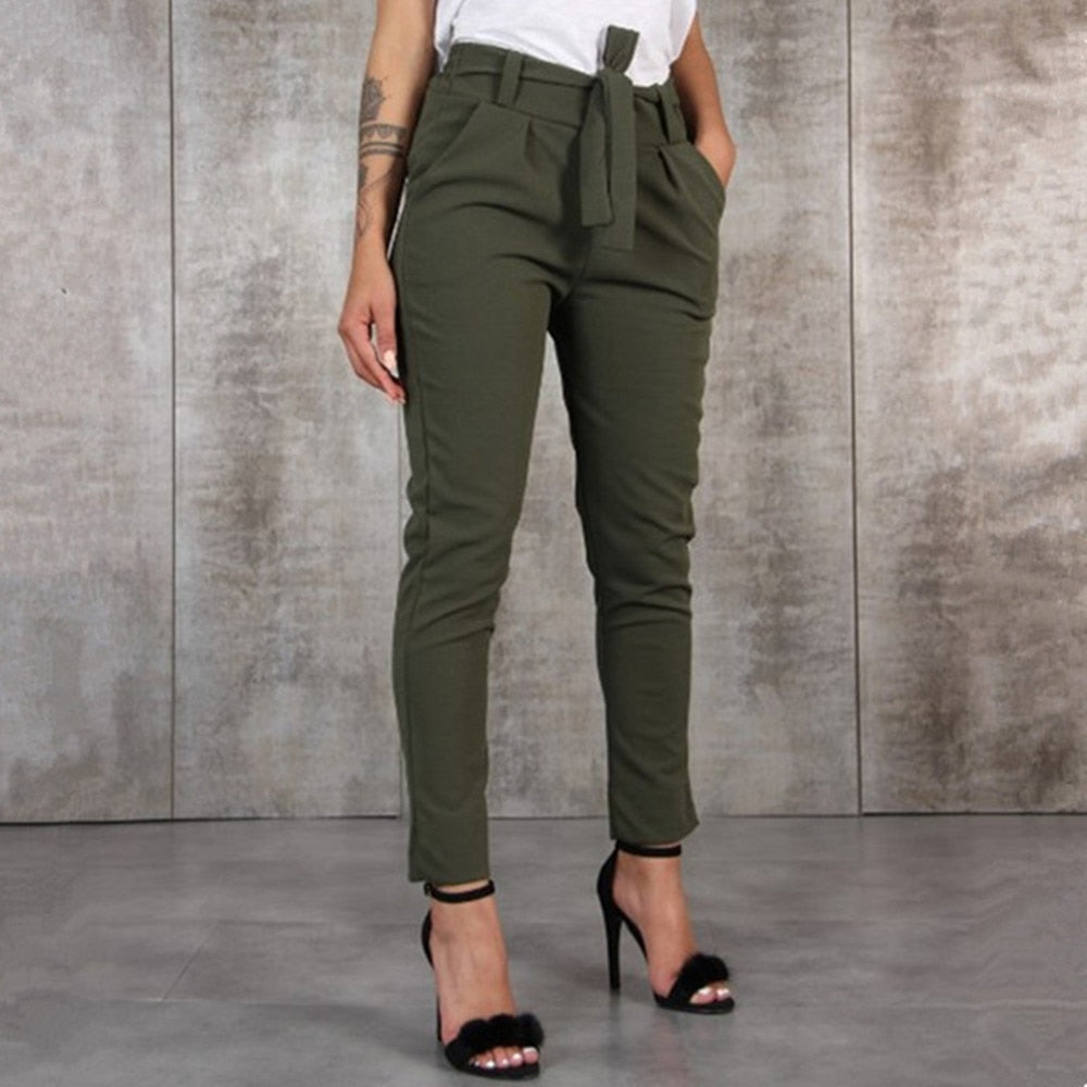 Casual Slim Chiffon Thin Pants For Women High Waist Black Khaki Green Pants Woman Trousers