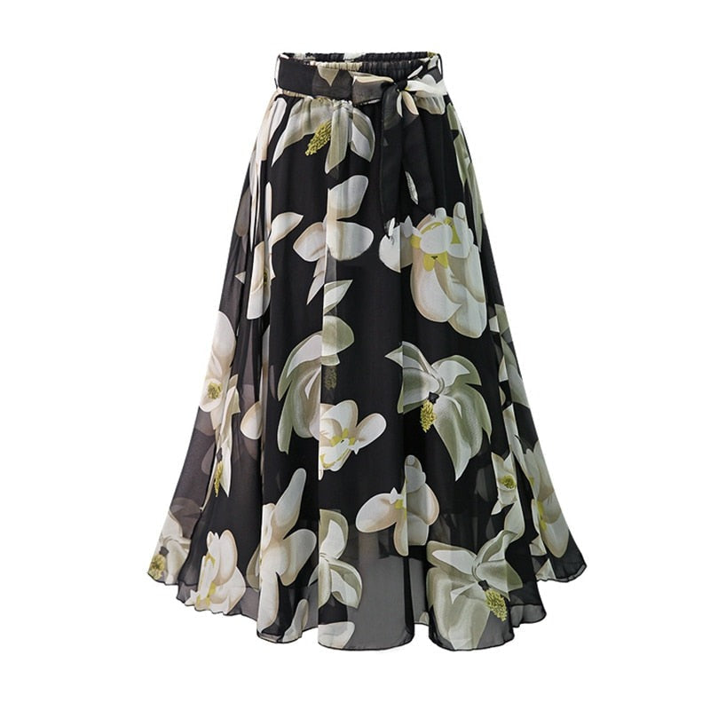 ElveswalleT   New Plus Size Women Chiffon Skirt Europe Fashion Bow Saia Midi Lining Jupe Femme Lace Up Falda Mujer Summer Print Floral Skirts