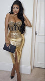 ElveswalleT Top Quality Strapless Gold Leather Knee Length Sexy Fashion Dress Cocktail Party Bodycon Dress