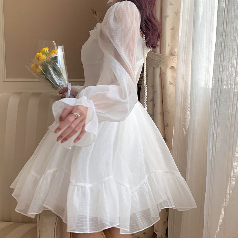 French Sweet Fairy Lolita Dress Women Long Sleeve Lace Y2k Mini Dress Vintage Kawaii Clothes One Piece Dress Korean Autumn