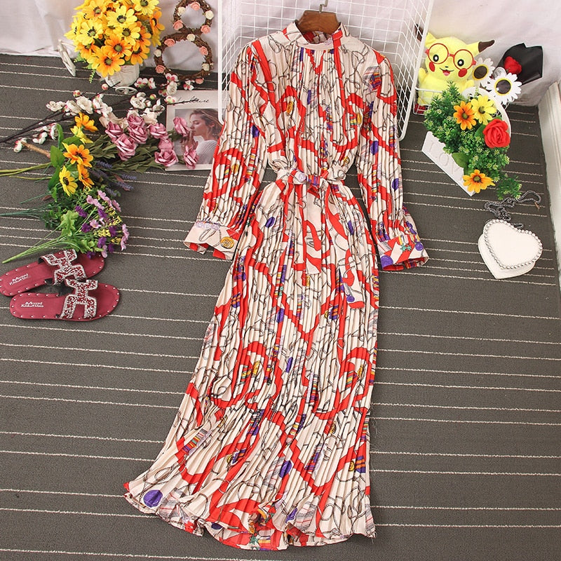 Autumn New Dress Temperament Turtleneck Waist Slim Long Sleeves Lace Up Wild Floral Maxi Vestidos UK016