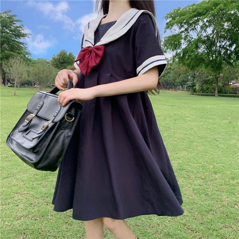 ElveswalleT Harajuku Sailor Collar Navy Dress Japanese Lolita Sweet Bow-knot Girl Retro Cotton Kawaii Preppy Style Short Sleeve Dress Women
