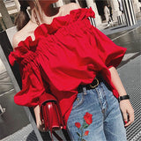 Ruffles Fashion Woman Blouse Off the shoulder Youth Elegnat Blouses Luxury Tops Designer Puff sleeve Korean New
