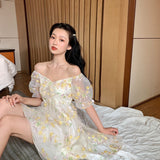 French Floral Dress Women Sexy Puff Sleeve Lace Chiffon Print Mini Dress Women Summer Korean Style Vintage Fairy Dress New