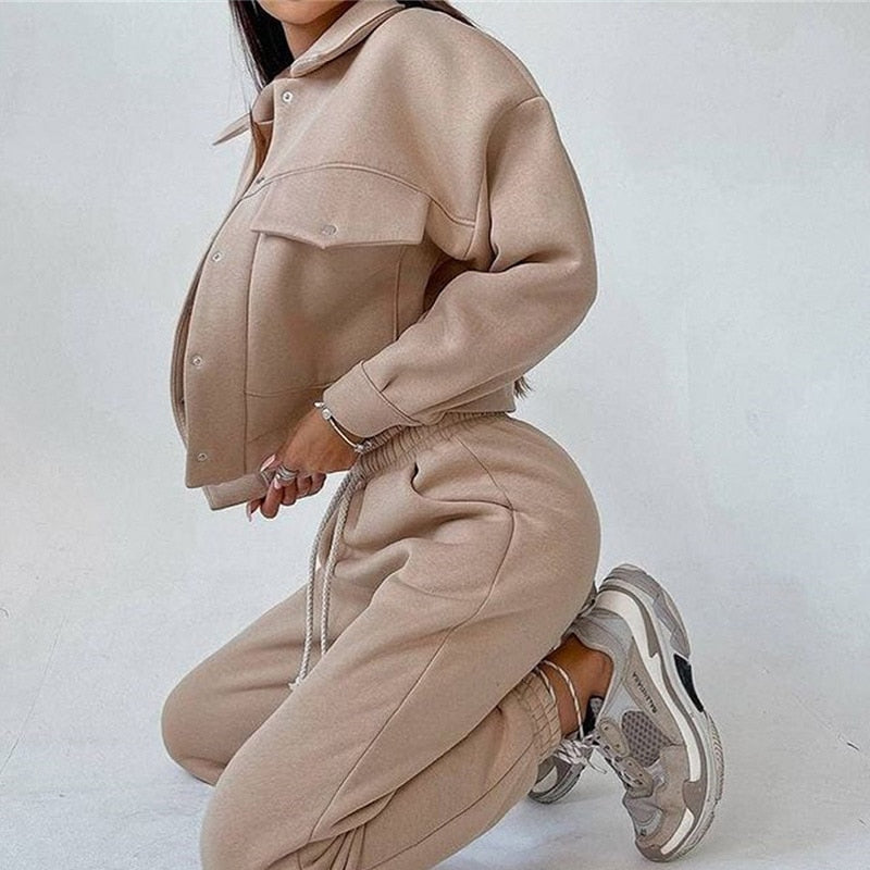 Women Casual Two Piece Sets Autumn Winter Fashion Female Warm Suits Turn-Down Collar Jacket And Drawstring Trouser Tracksuits