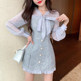 ElveswalleT New Spring Vintage Sexy See-through Chiffon Patchwork Tweed Mini Dress Women Ribbon Bow Single-breasted Long Sleeve Party Dress