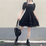 ElveswalleT Japanese Lolita Style Women Princess Black Mini Dress Slash Neck High Waist Gothic Dress Puff Sleeve Lace Ruffles Party Dresses