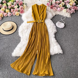 Vintage Notched Collar Draped Rompers For Women Casual Sleeveless High Waist Wide Leg Playsuits Female Beige/Green Jumpsuit