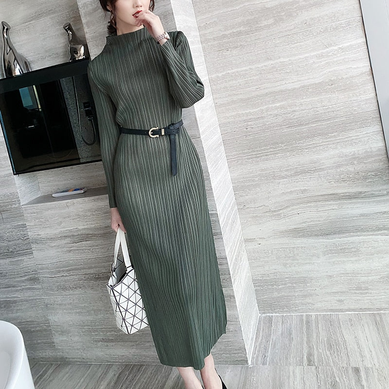 ElveswalleT   Trends Spring Winter Miyake Pleated Women Comfortable Dress Long Sleeve High Quality Korean Style Casual Aesthetic Clothes