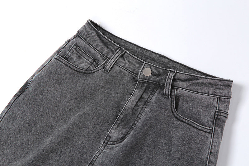ElveswalleT Grey Split Denim Stacked Pants Zip Up Baddie Style Streetwear Pencil Jeans For Women High Waist Bodycon Ruched Trousers