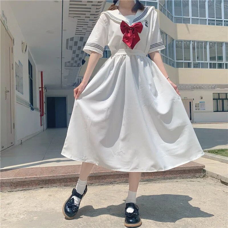 ElveswalleT Harajuku Sailor Collar Navy Dress Japanese Lolita Sweet Bow-knot Girl Retro Cotton Kawaii Preppy Style Short Sleeve Dress Women