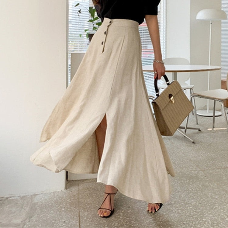 ElveswalleT New   Vintage Elastic Waist Buttons Irregular Chic Cotton and Linen Split Spring Summer Women's Long Skirts SK8560