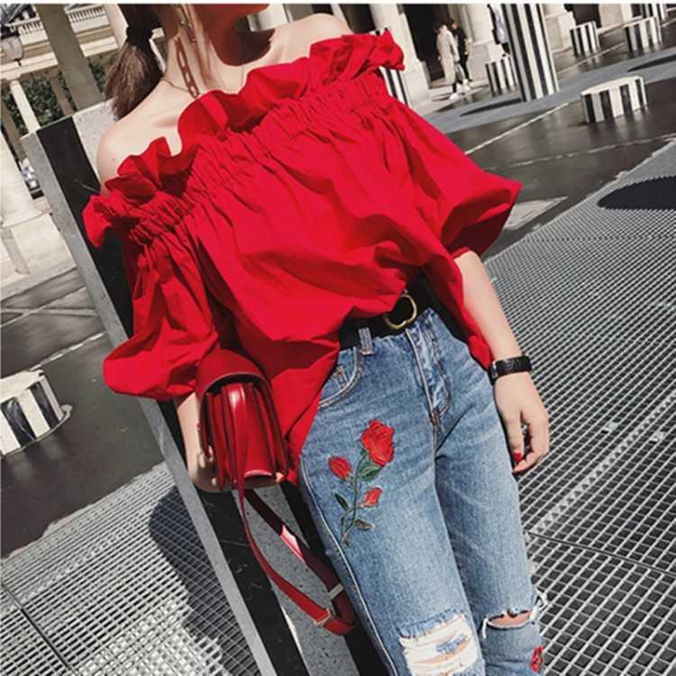 Ruffles Fashion Woman Blouse Off the shoulder Youth Elegnat Blouses Luxury Tops Designer Puff sleeve Korean New
