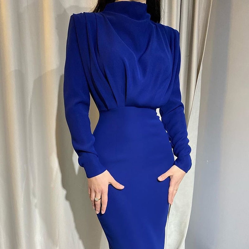 ElveswalleT InstaHot Elegant Women Dress Stand Collar Slim Waist Solid Blue Ankle Length Autumn Long Sleeve Casual Party Dress Fashion