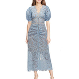 Summer Midi Long Dress For Women Celebrity Flower Embroidery Lace Robe Long Beaded Chain Diamond Chiffon Dresses