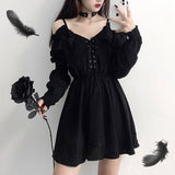 Women dress demon girl original black spring and autumn sexy high waist femme dress shoulder long sleeve gothic dress A085