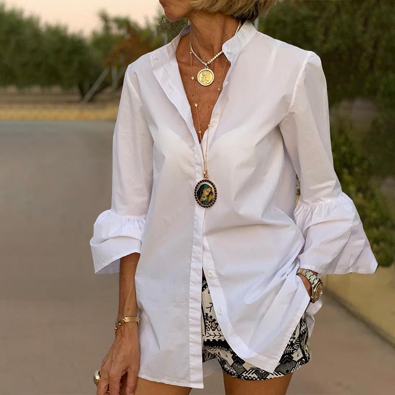 White Shirts Summer Women Solid Flare Sleeve Shirts Spring Blouse Sexy V Neck Button Up Office Shirt Femininas Blusas