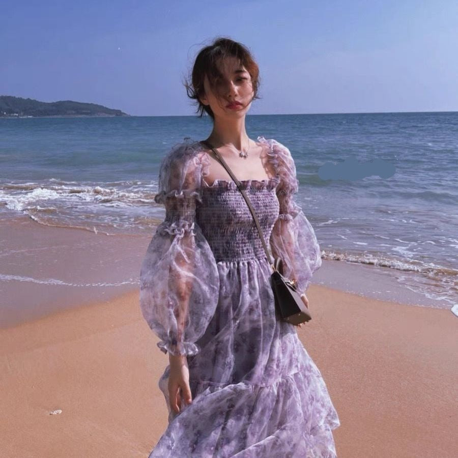 ElveswalleT Summer Lace Elegant Midi Dress Women Puff Sleeve Square Collar Boho Beach Floral Dress Female Party One Piece Dress Korean